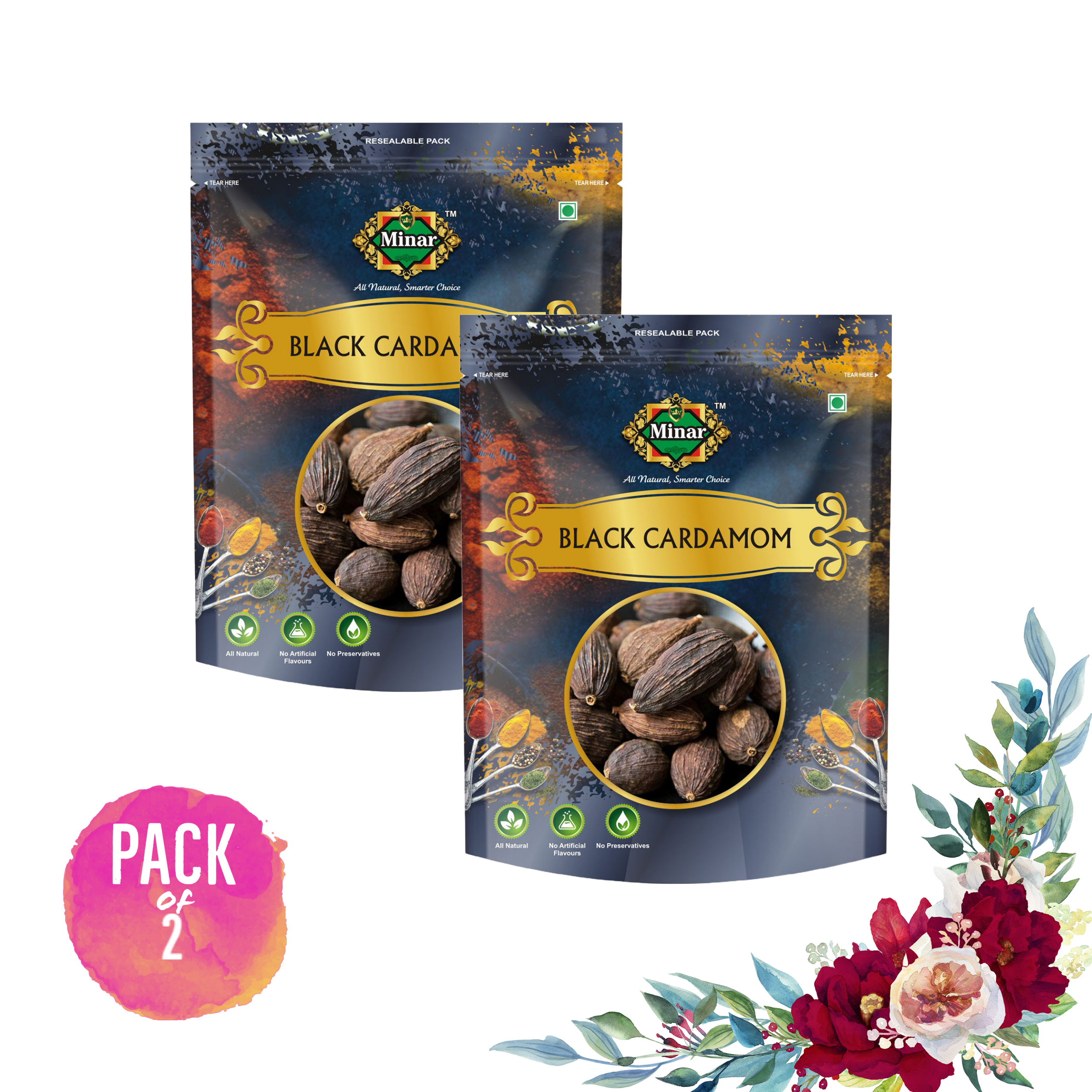 Minar 100% Natural Black cardamom (Badi Elaichi) 500g Pack of 2- 250g Each
